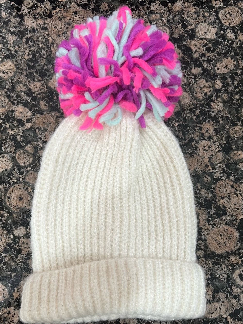 Capelli of New York Cream Knit Kids Beanie with Pink, Purple & Light Blue Pom